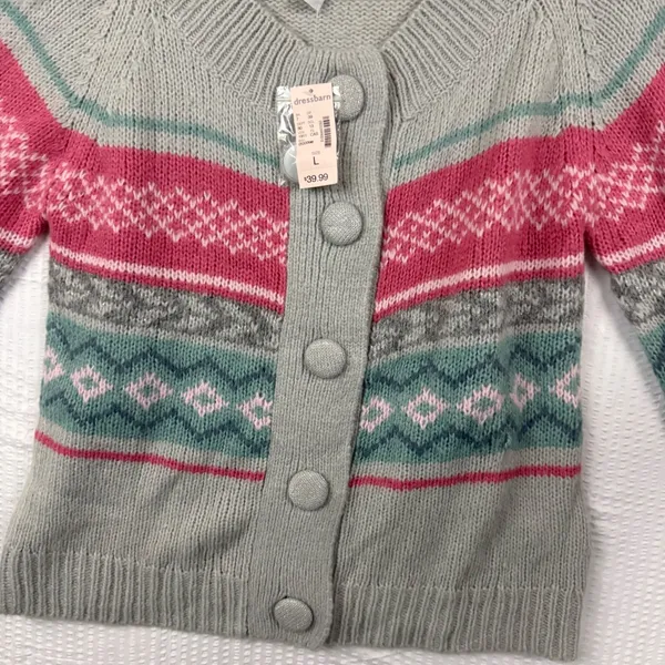 Dressbarn Grey Pink Fair Isle Cardigan Sweater Metallic Accents Size L NEW - Image 3
