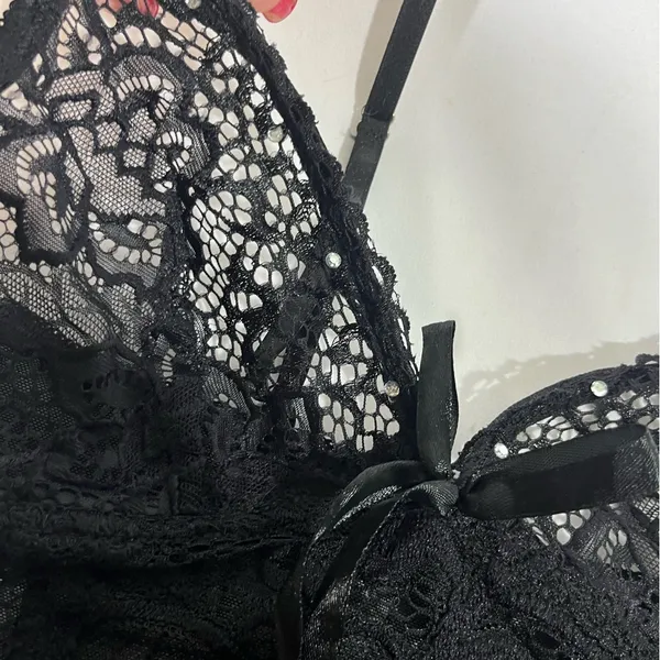 Black Lace & Mesh Net Chemise Nightgown with Ribbon & Rhinestone Sz S‎ NEW - Image 5