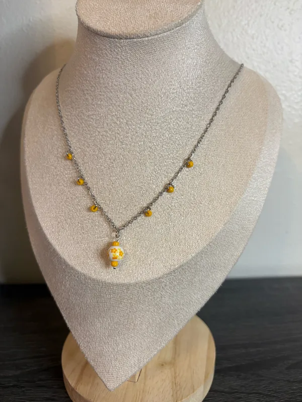 Handmade Yellow Floral Porcelain Charm Necklace | Waterproof & Tarnish Resistant - Image 4