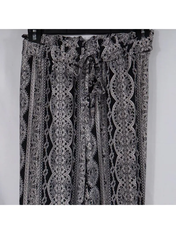 Mudd Women’s Black & White Boho Paperbag Waist Tie Pants XS Printed Pull-On - Image 2