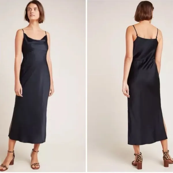 ANTHROPOLOGIE | NWT Woman's Black Elyse Cowl Slip Silk Sleeveless Midi Dress, XS - Image 2