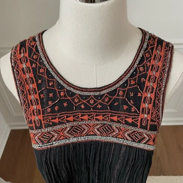 Free People Aztec Embroidered Beaded Swing Dress Open Back $168 2 - Image 5