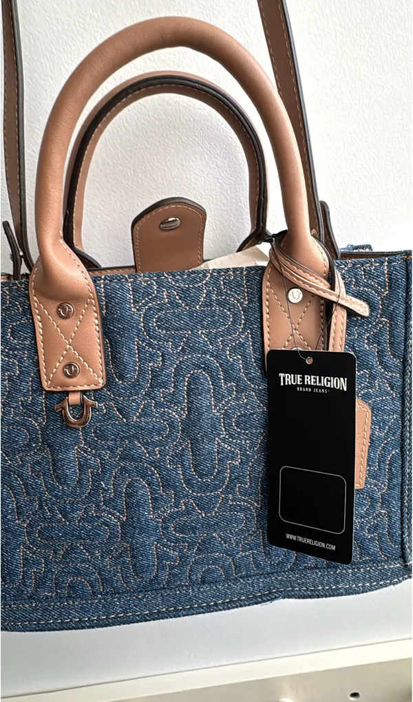 True Religion Blue Denim Bag with Tan Accents - Image 3
