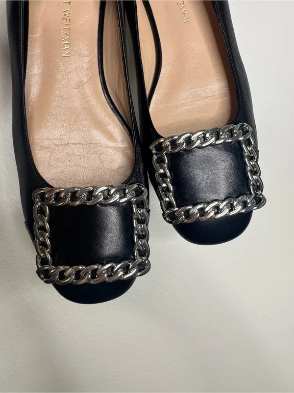 Stuart Weitzman Black Leather Chain-Trim Ballet Flats Shoes - Image 4