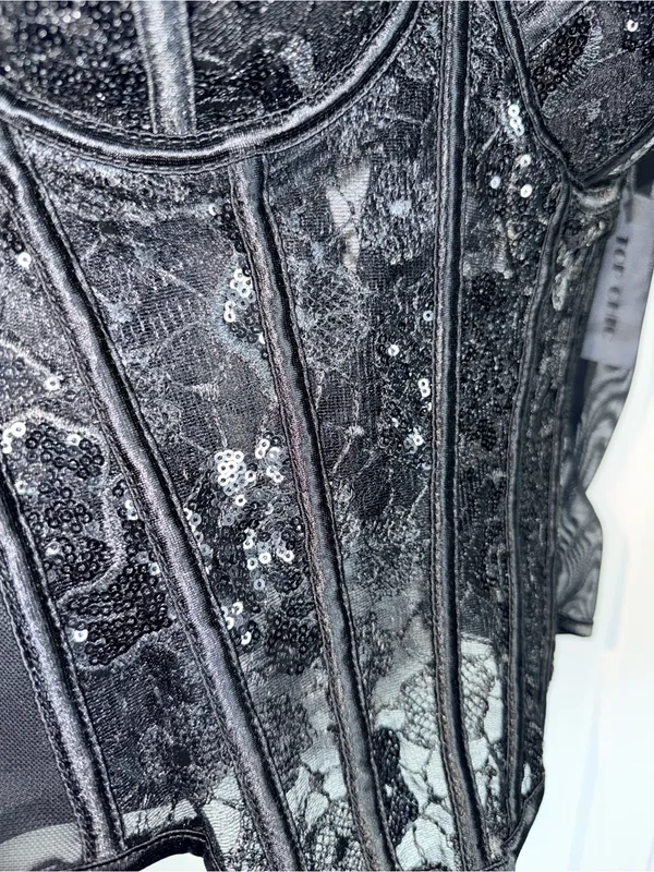 NWT Mesh Lace Sequin Corset Black Size M - Image 3