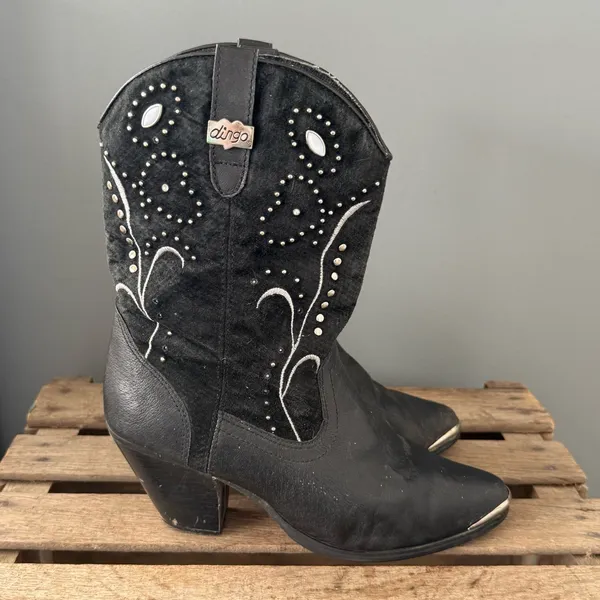 VINTAGE DINGO Embellished Silver Leather‎ Cowboy Black Heeled Boots 9 A29 - Image 7
