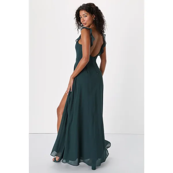 NWT Lulus Dreamy Admiration Emerald Green Ruffled Maxi Dress Bridesmaid Size L - Image 3