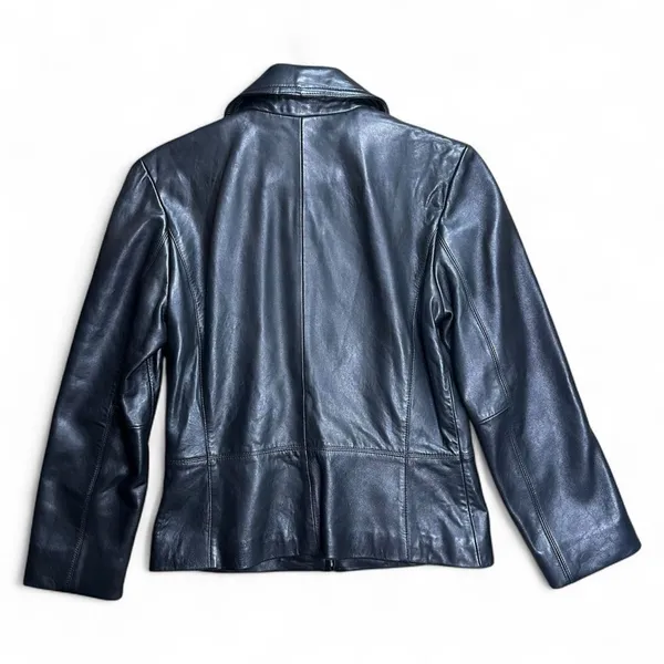 Nine West Leather Jacket Women Small Black Zip Front Minimalist Classic Moto Y2K - Image 2
