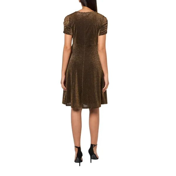 NWT Tommy Hilfiger Puff Sleeve Ruched Dress A4IK118E Bronze Brown / Black 12 - Image 2