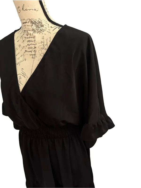 SHEIN Black V-Neck Smocked Waist Ruffle Hem Mini Dress - Image 4