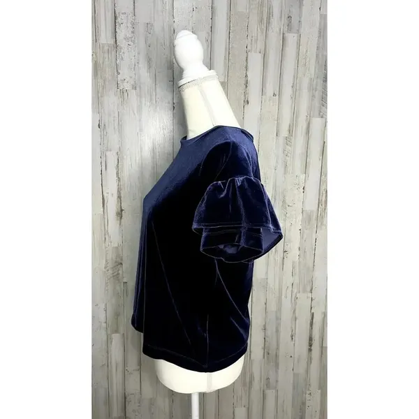 Madewell Women's XS Blue Velvet Ruffle‎ Sleeve Tee Casual Fall Top - Image 7