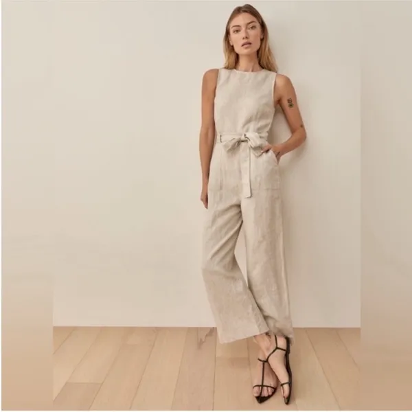 Reformation Naomi Linen Jumpsuit in Oatmeal 6 - Image 3