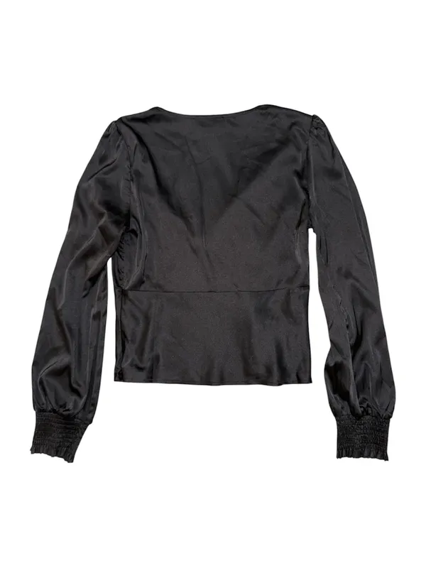 Lulus Black Satin Long Sleeve V Neck Blouse Top Size M Puff Sleeve Side Zip - Image 2