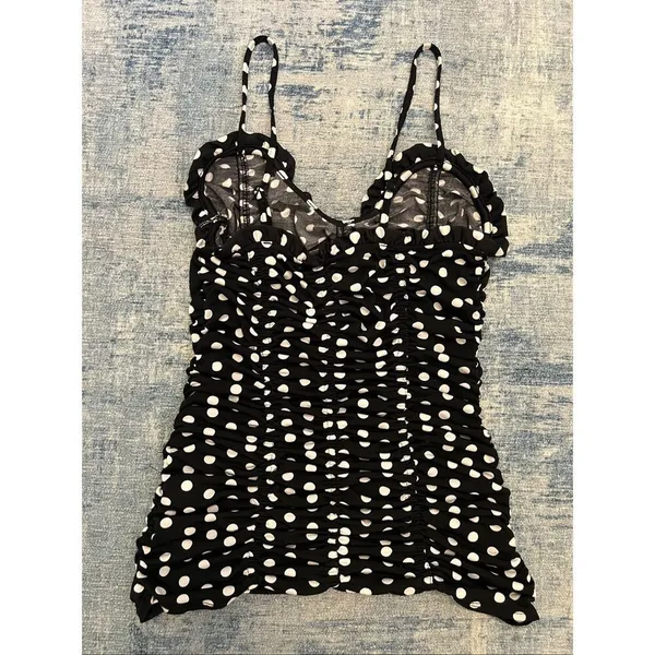Venus Black White Polka Dot Ruched Sweetheart Ruffle Neckline Cami Tank Small - Image 4