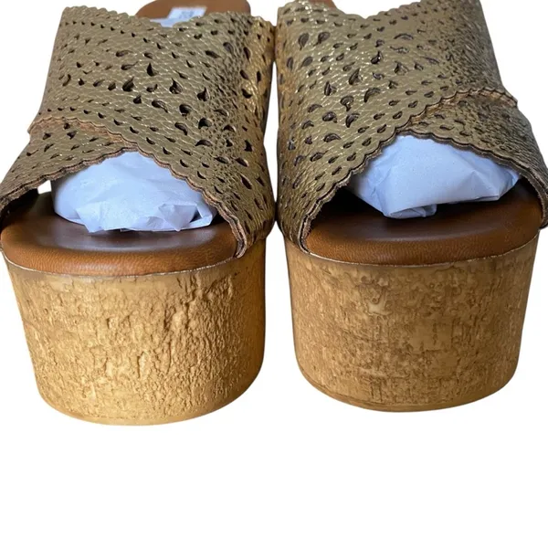 Steve Madden NWTs NIB Saffron Leather Lining Wedge Gold Platform Sandals size 9 - Image 4