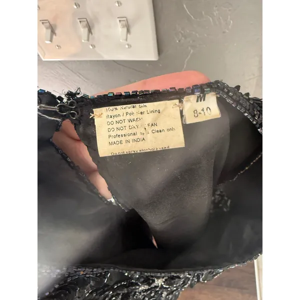 Sweelo Vintage Black Silk Beaded Sequin Floral Evening Top Short‎ Sleeve Medium - Image 7