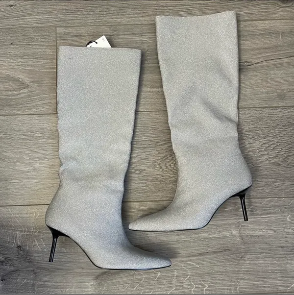 ZARA Silver Rhinestone Heeled Knee High Boots Heels - Image 7