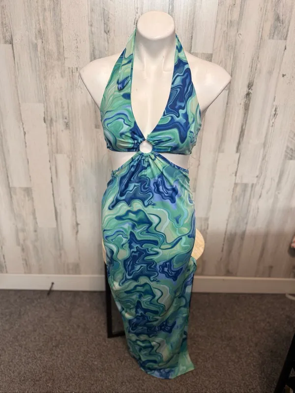 Haute Monde Cutout Maxi Dress Womens Small Blue Green Swirl O-Ring Halter Neck - Image 10