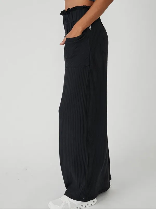 FP Movement Blissed Out Wide Leg Pants Black Ribbed High Rise Small - Image 2