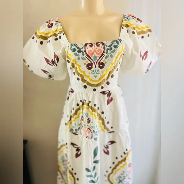 Meadow Rhodes Boutique Boho Maxi Dress 100% Cotton Puff Sleeve Smocked size M - Image 5