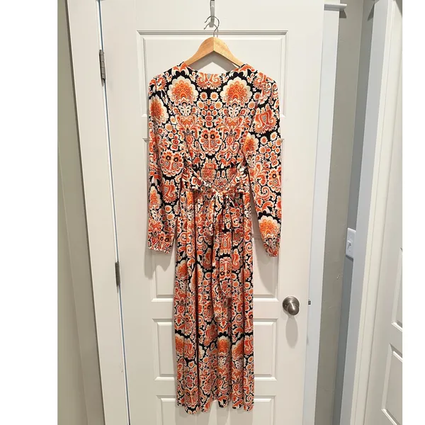 Anany Paisley Maxi Dress Orange Black Long Sleeve Medium Boho Wedding Guest‎ NWT - Image 8