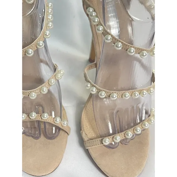 Liliana Womens Size 10 Tan Romey Pearl Stiletto‎ Heel Sandals Ankle Strap BinC - Image 2