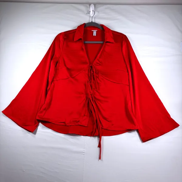 A New Day Womens Red Satin Tie-Up Front Long Sleeve Blouse Top Red Size M New - Image 2