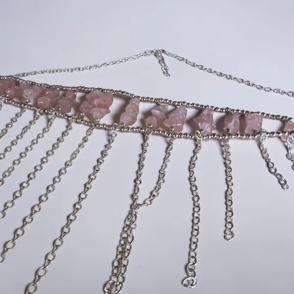 Rose Quartz Fringe Choker Necklace 925 Silver Plated - Image 5