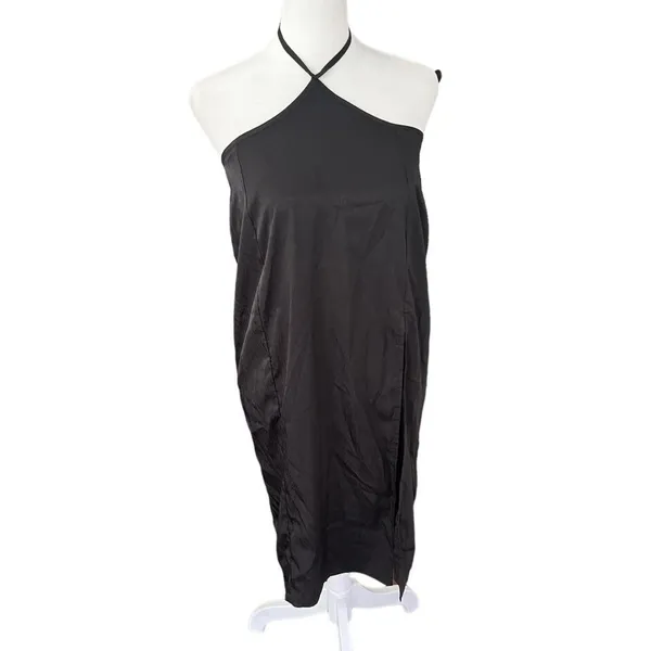 Alamour The Label Black Satin Halter Midi Slip Dress High Slit Size S - Image 2