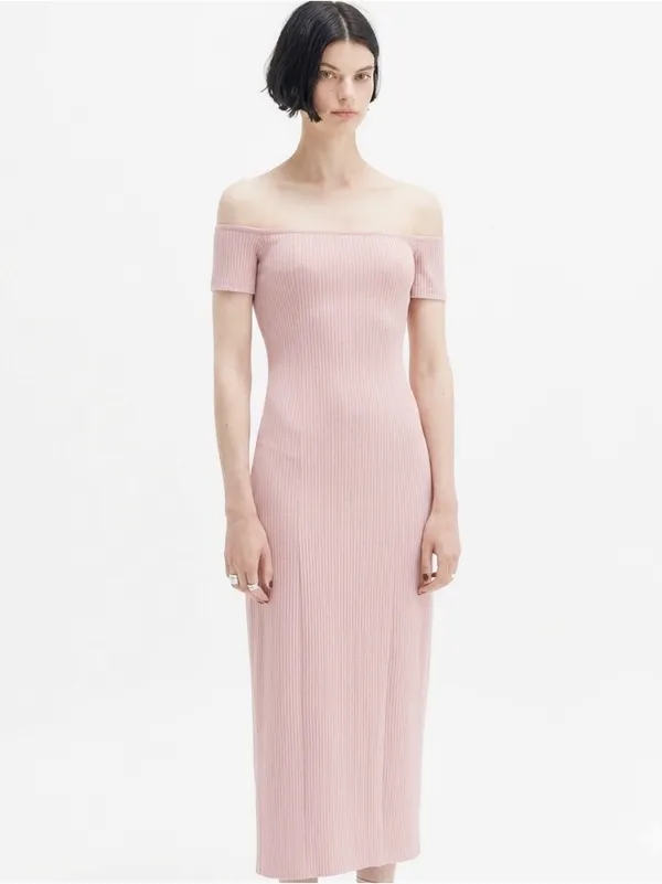NEW ZARA Off the Shoulder Bodycon Midi Dress XSMALL pale Pink XS - Image 2