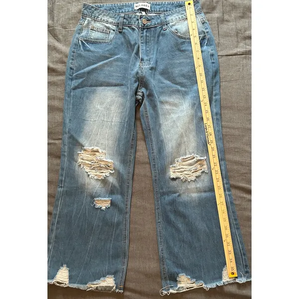 Melarey Blue Distressed Wide Leg Jeans Light Wash Frayed Hem Size L - Image 10