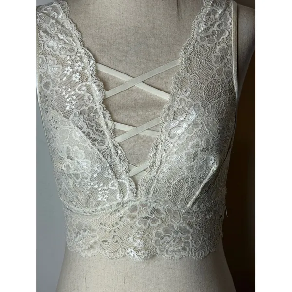 Candie's Lace Bralette Women Medium Ivory Strappy V Neck Wireless Intimates Sexy - Image 7