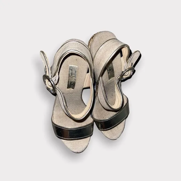 Maypol Gold Leather and Linen Espadrille Wedge Sandals Size 5.5 - Image 3