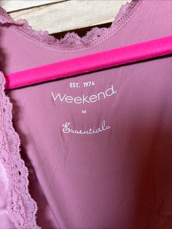 Weekend Essentials Rose Pink Satin Lace-Trim Robe with Self-Tie Waist Medium - Image 3