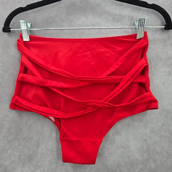 Red‎ Crisscross Strings Bikini Bottoms Swimsuit High Rise Swimwear Medium - Image 2