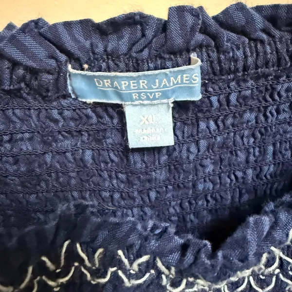 Draper James RSVP Dress XL Navy Blue Smocked Puff Sleeve Mini‎ Striped - Image 7