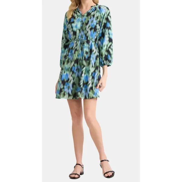 Time and Tru Womens Mini Dress Sz M Floral Ikat Black Ruffle Neck Boho Vacation - Image 3