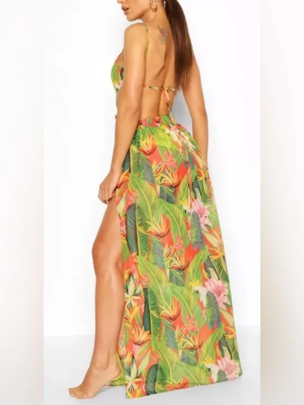 Boohoo Beach Green Tropical Cutout Maxi Dress with Pink & Orange Floral Print - Image 3