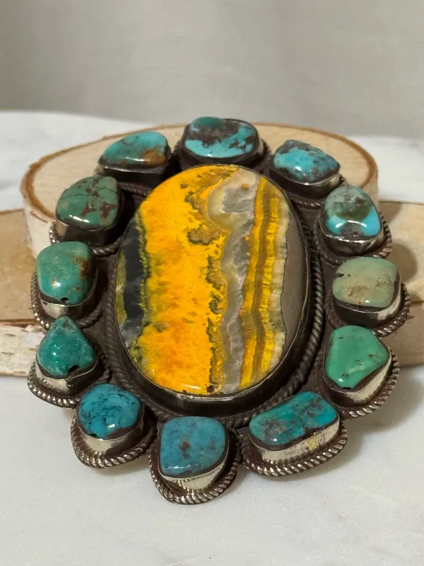Handcrafted Pendant only - Bumblebee Jasper with Turquoise Large Size at 4” x 3” - Image 8