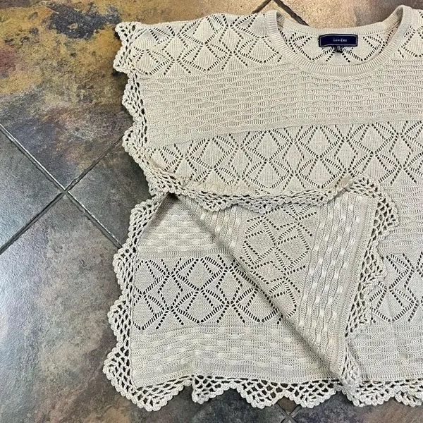 Lumiere Women’s Tan Knit Crochet Poncho Blouse One Size - Image 10