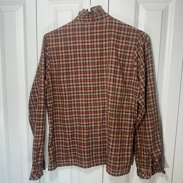 Plaid Ruffle Blouse Brown L Boho Prairie Cottagecore Fall Romantic Victorian Top - Image 5