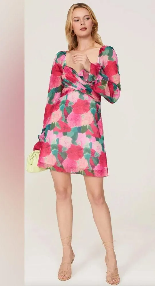 Louna multicolor floral, long puff sleeve, cutout waist mini dress romantic med. - Image 3