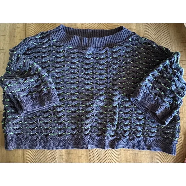 Maeve Anthropologie‎ Navy & Lime Green Open Knit Cropped Sweater - Size S - Image 2