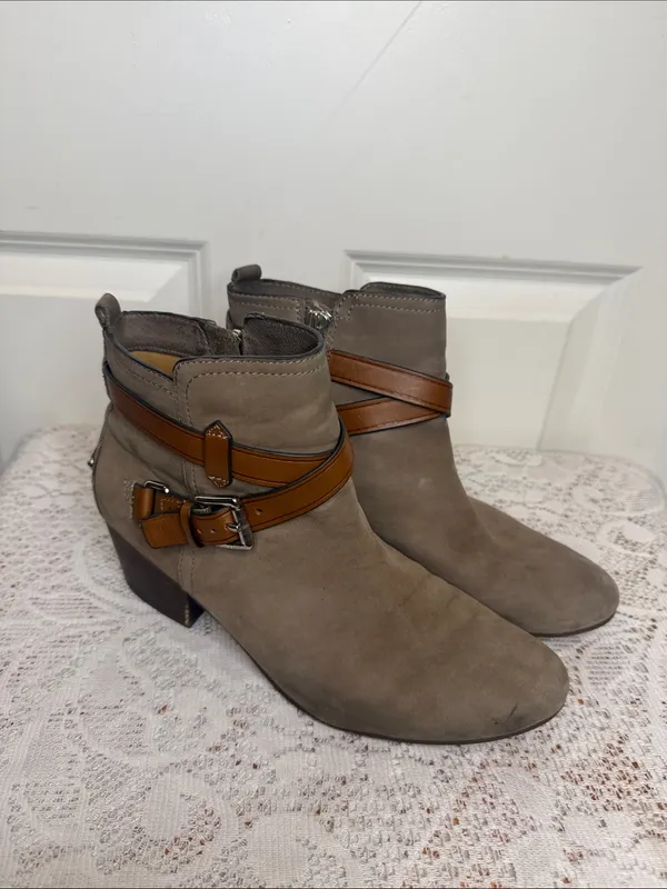 COACH Pauline Taupe Gray nubuck suede Ankle Boots with Brown Leather Strap 8.5 - Image 3