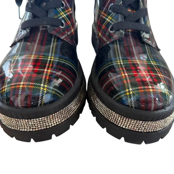 Jessica Simpson Ebrina Tartan Red Green Black Rhinestone Embellished Combat Boot - Image 6