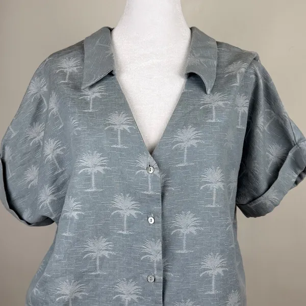 Zara Blue Palm Tree Print Button Down Short Sleeve Collared Blouse Shirt Top M - Image 2