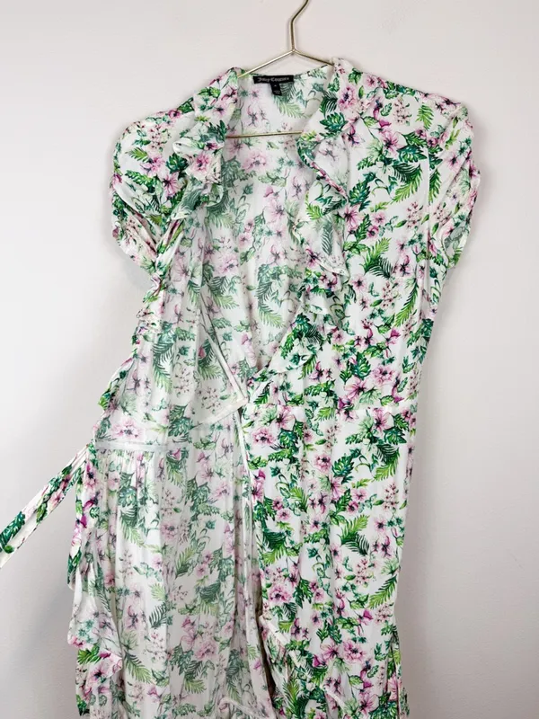 Juicy Couture Allover‎ Floral Wrap Dress Ruffle White Green Pink Size 0 - Image 10
