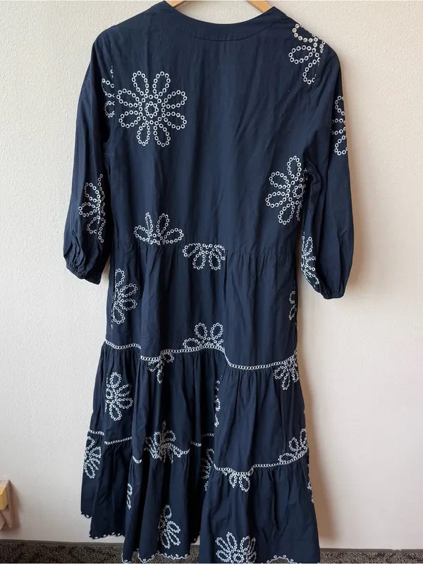Pearl by Lela Rose Navy White Eyelet Embroidered Tiered 100% Cotton Maxi Dress - Image 4