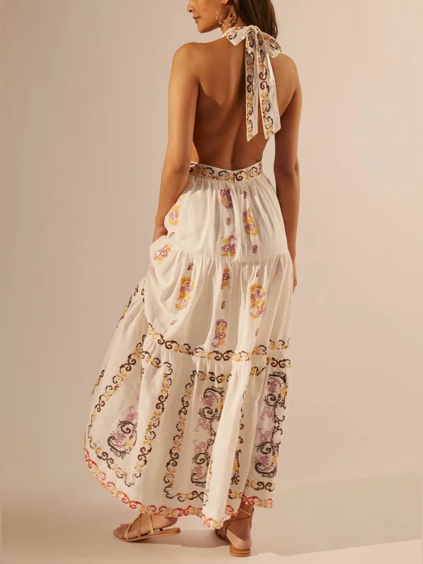 Anthropologie Medallion Halter Maxi Dress - ivory multi combo - 8 - $298 MSRP - Image 5