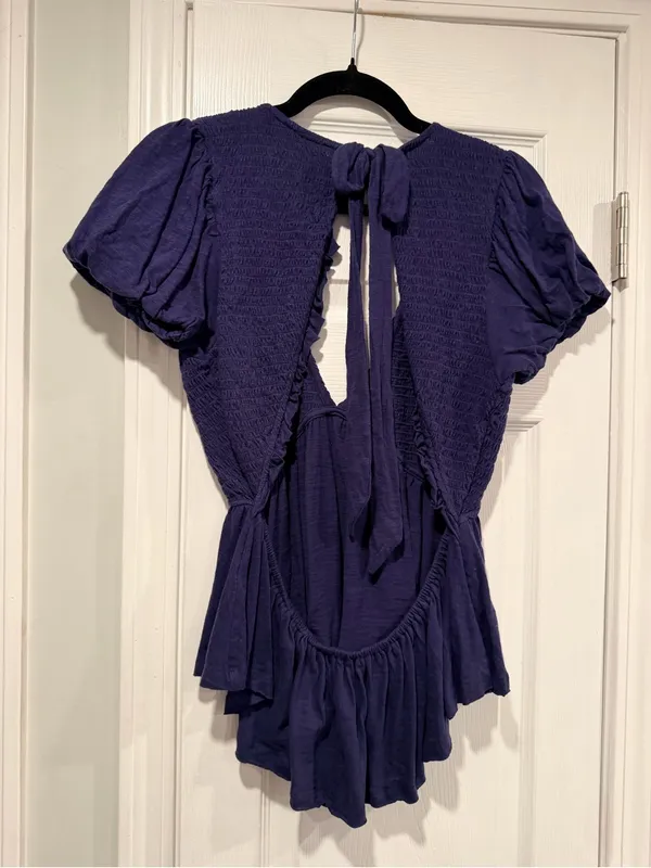 NWOT Free People Size L Blue Smocked Puff Sleeve Open Tie Back Babydoll Top - Image 5